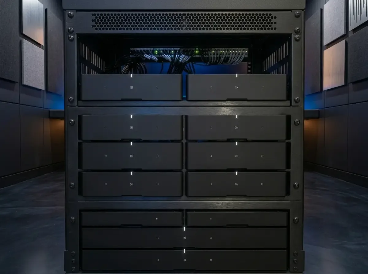Rack profesional de equipos AV con iluminación azul