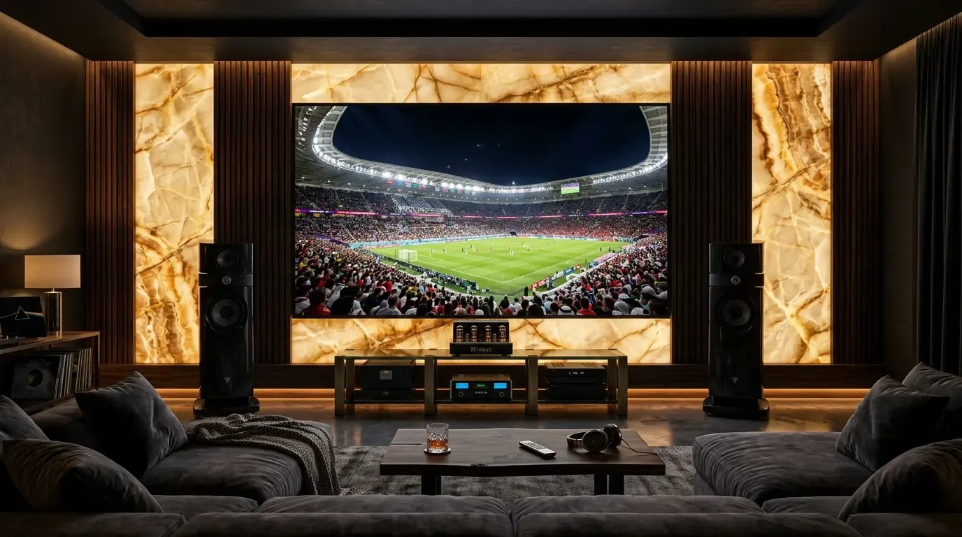 Sala de cine en casa con sistema de audio envolvente para ver el Mundial
